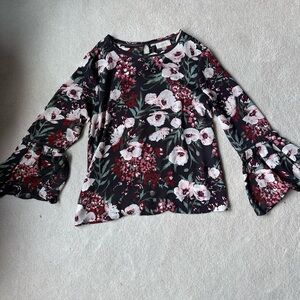LOFT Black Floral Bell-Sleeve Blouse with Pink & Burgundy Blooms